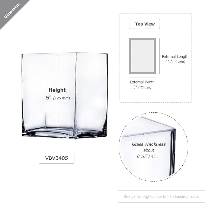 WGV Glass Rectangle Block Vase, Width x Length 3" x 4", Height 5",Clear Floral Planter Container Votive Candle Holder Wedding Party Event, Home Office Decor 1 Piece