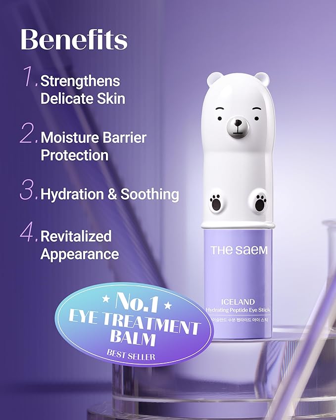THESAEM Iceland Hydrating Peptide Eye Stick with Cute Bear Keyring Set - 5-Peptides Cooling Balm for Loose Skin – Under Eye Treatment with Glacier Water - Portable K-Beauty Charm, Daisy Scent, 0.38oz