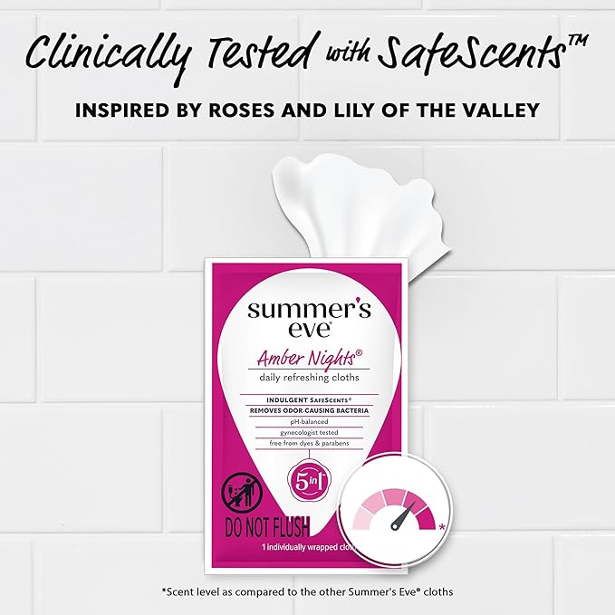 Summer's Eve Amber Nights Feminine Wipes, with Gentle pH-Balanced Formula Designed to Remove Odor, Individually Wrapped Wipes, 12 Count