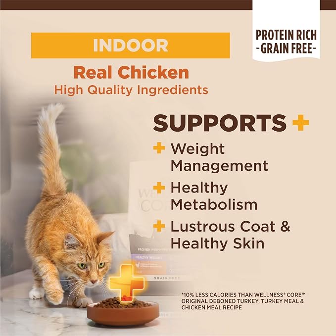 Wellness CORE+ Adult Dry Cat Food for Indoor Cats, Natural, Grain Free Kibble, Chicken, Turkey and Chicken Meal Recipe, 5 lb Bag