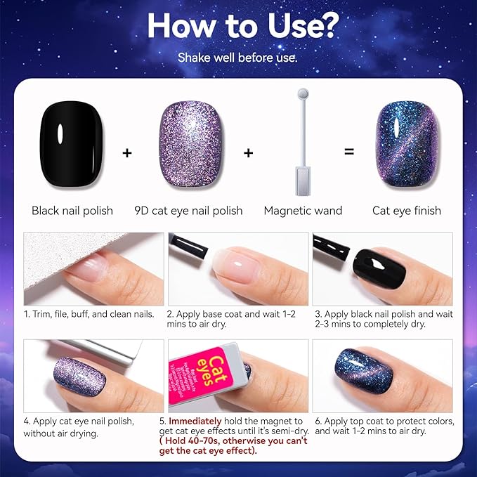 9D Cat Eye Nail Polish, Blue to Purple Double Magic Colors Galaxy Collection | Quick Air Drying | Rich in Castor Oil | Salon Home DIY Nail Art Travel Manicure Gift for Women Girls