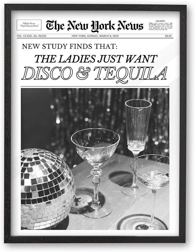 iHery 16x20in Ladies Just Want Disco and Tequila Framed Wall Art | Premium Black OAK Wood Frame with Canvas Print, Retro Bar Cart Decor for Kitchen, Dining Room, Living Room and Dorm, 1Pack