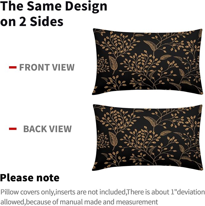 Boho Lumbar Pillow Covers 12X20 Inch Set of 2 Black Gold Floral Leaves Decorative Pillow Cases Vintage Flower Leaf Cotton Linen Cushion Case Farmhouse Home Decor for Sofa Couch Porch Outdoor