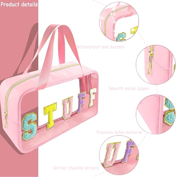 Chenille Letter Clear Makeup Bag Stuff Patch, Travel Toiletry Makeup Bag with Handle, Nylon Waterproof Makeup Bags clear cosmetic bag, preppy patch makeup bag for Women (STUFF-Pink)