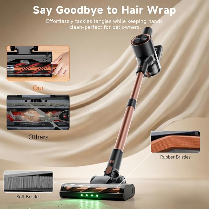 Cordless Stick Vacuum Cleaner - 45KPA Powerful Suction Vacuum with 45 Min Runtime, Detachable Battery, Anti-Tangle & 1.5L Dust Cup, 8 in 1 Vacuum Cleaner for Pet Hair, Carpet, HardFloor, Gold
