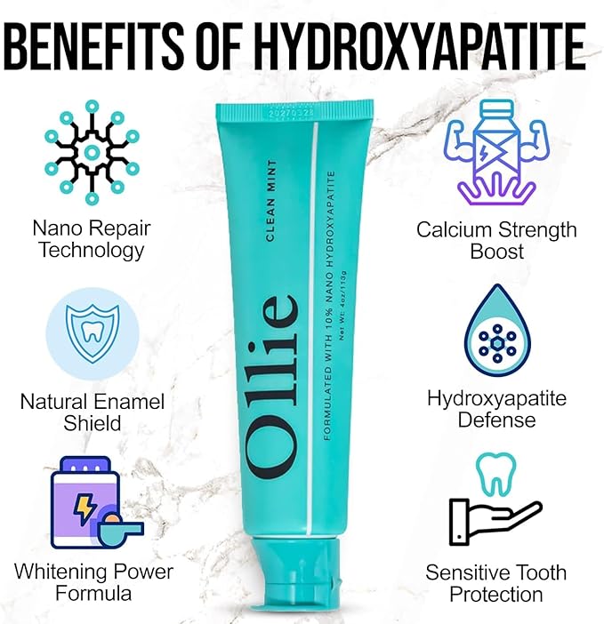 Ollie Clean Mint Nano Hydroxyapatite Toothpaste for Teeth Whitening, 10% Hydroxyapatite Formula, (Pack of 2, 4oz)
