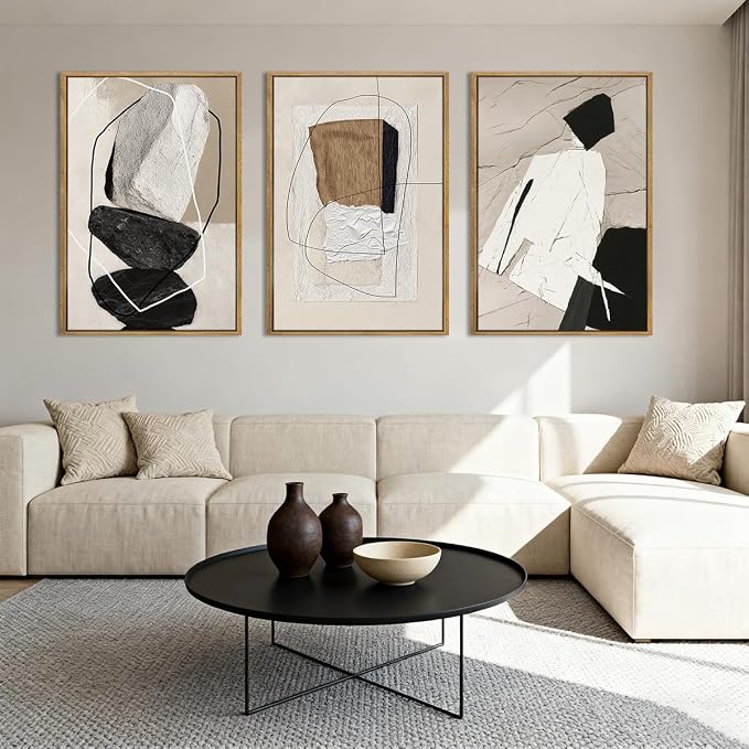 ANHUIB Large Neutral Abstract Wall Art Canvas,Black Beige Artwork, Modern Textured Framed Wall Art, Minimalist Geometric Painting,16x24 Inches Set of 3 for Living Room Bedroom