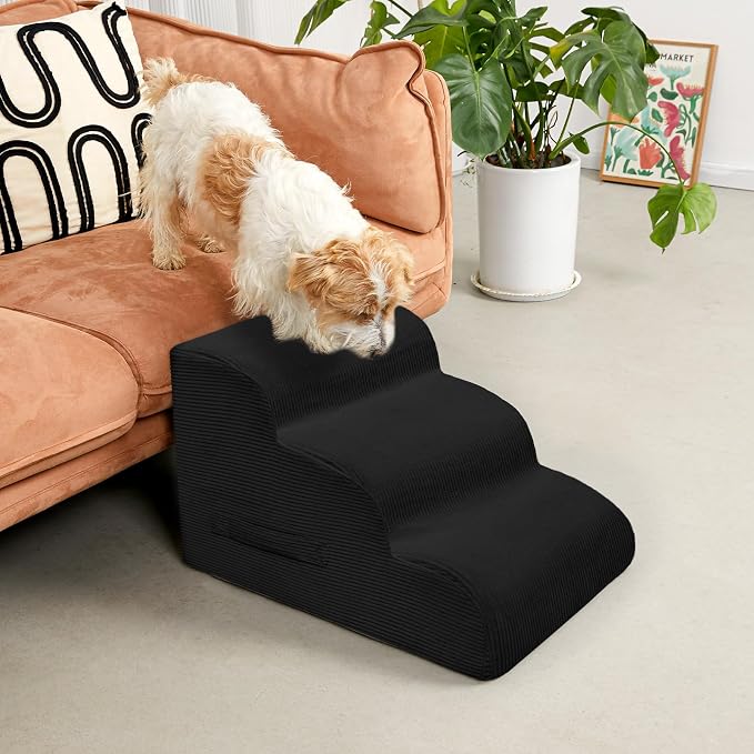 Mesa Lemon 3 Step Dog Stairs Pet Ramp for High Beds, Sofas and Cars | High Density Foam, Non-Slip Bottom, Removable Washable Cover, Portable Handle, Holds Up to 50 lbs, 16 Inch Height