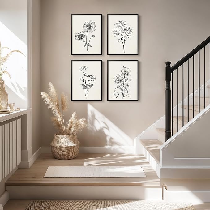 Framed Black and White Floral Wall Art for Living Room, 4 Piece Vintage Botanical Canvas Painting Prints Artwork for Walls, Rustic Minimalist Flower Pictures for Bedroom Hallway Kitchen Wall Decor