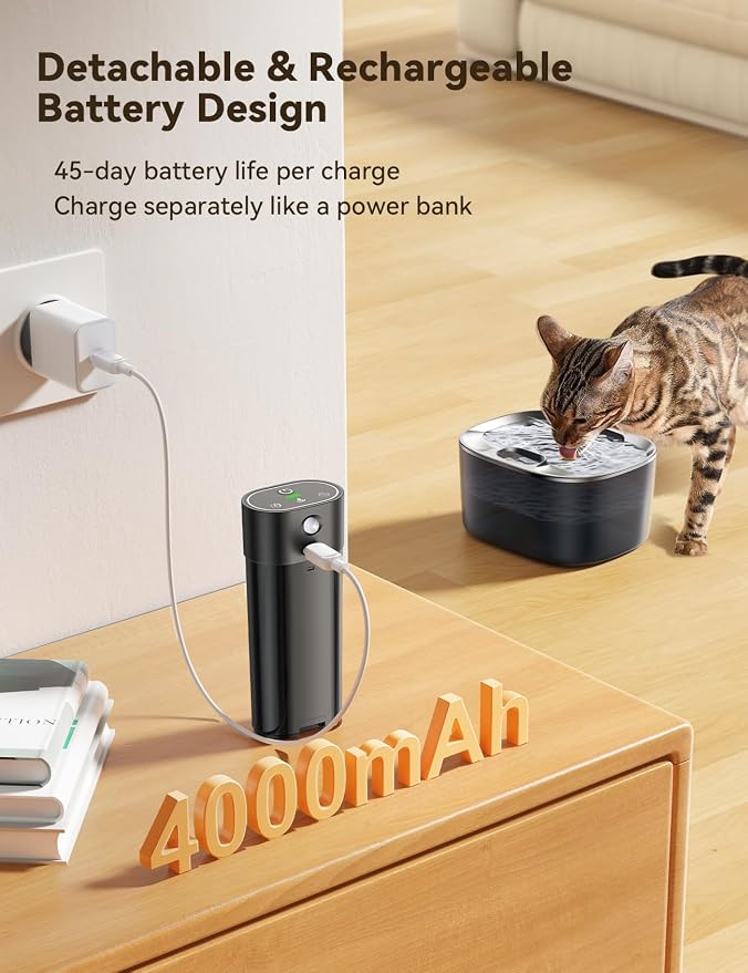FEELNEEDY Wireless Cat Water Fountain, No Pump for Easy Cleaning, 4000mAh Detachable & Rechargeable Battery, Motion Sensor with Low Water & Power Alerts - Includes 6 Filters (4L/135oz)