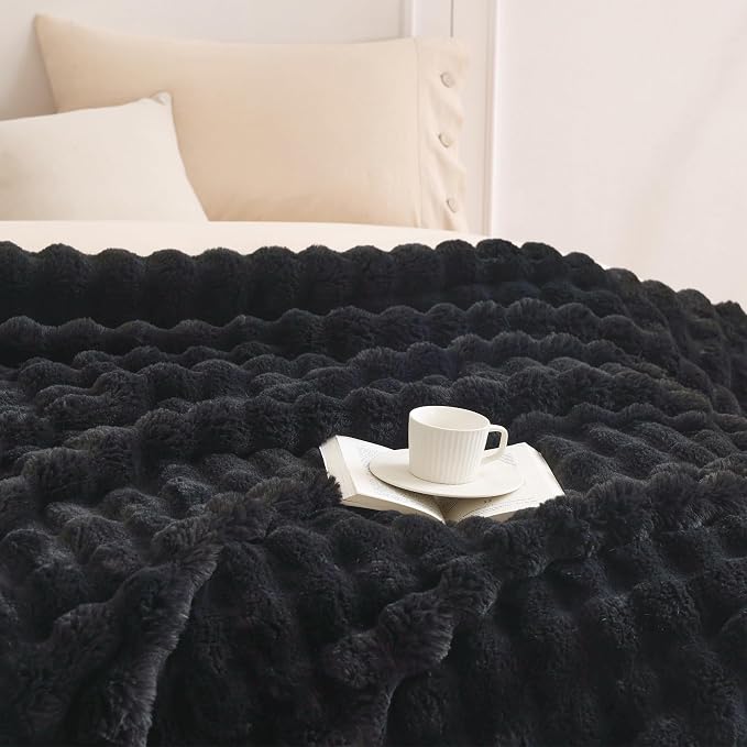 COOVA Faux Fur Throw Blanket for Couch, Cozy Soft and Fuzzy Plush Rabbit Fur Bubble Blanket for Sofa Bedroom Living Room, 60x80 Inches Black