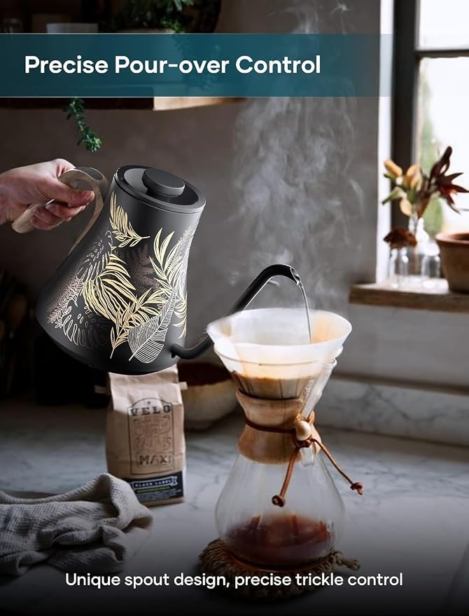 INTASTING Gooseneck Electric Kettle with ±1℉ Temperature Control for Pour Over Coffee & Tea, Quick Heating, BPA-Free Stainless Steel, Built-in Brew Timer, 1500W/0.9L (Rainforest)