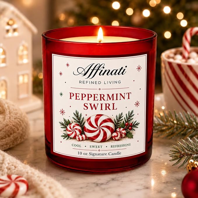Affinati Peppermint Swirl 10 oz Scented Candle – Long Lasting Holiday Soy Blend Candle for Home, Strong Scent Throw Fresh Sweet Mint Aromatherapy Candle, Clean Burning Winter Gift for Women