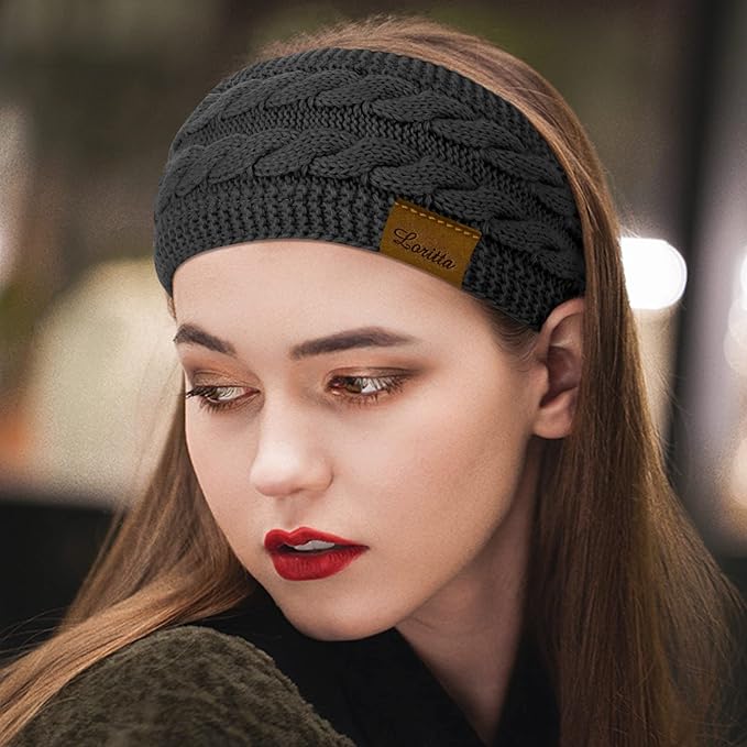Loritta 2 Pack Headbands for Women Winter Warm Cable Knit Ear Warmer Thick Head Wrap Fuzzy Fleece Lined Gifts