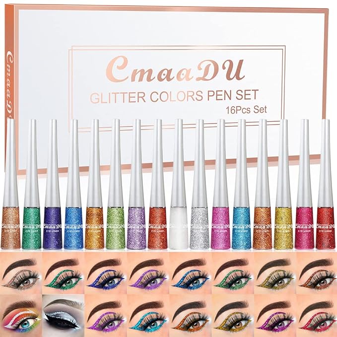BONNIE CHOICE 16 Colors Glitter Eyeliner Liquid Set, Metallic Glitter Liquid Eyeshadow, Waterproof Long Lasting White Silver Rose Gold Pink Colorful Rainbow Eyeliners Valentine's Day Gifts for Women
