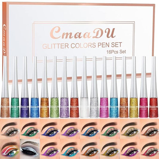 BONNIE CHOICE 16 Colors Glitter Eyeliner Liquid Set, Metallic Glitter Liquid Eyeshadow, Waterproof Long Lasting White Silver Rose Gold Pink Colorful Rainbow Eyeliners Valentine's Day Gifts for Women
