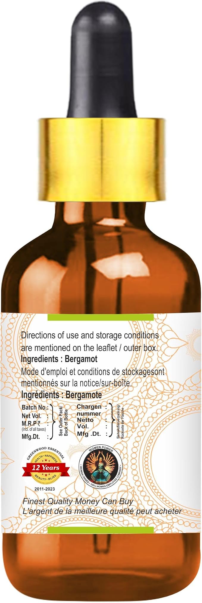 Greenwood Essential Pure Bergamot Essential Oil (Citrus bergamia) with Glass Dropper Steam Distilled 30ml (1 oz)
