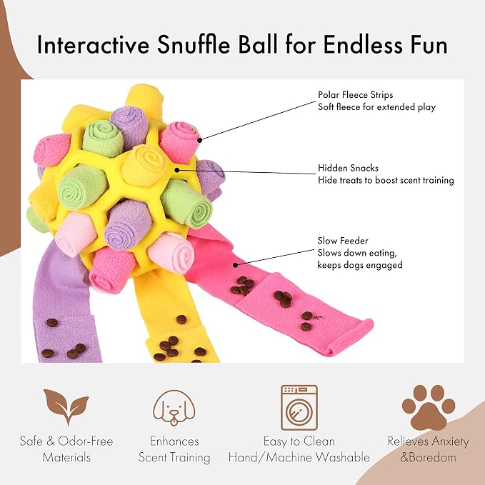 Mira's Pocket Dog Snuffle Ball Toy, Mental Stimulation Chew Toy for Dogs & Cats, 14cm Licking Mat Treat Dispensing Ball with Hollow Design, Slow Feeder for Fast Eaters (Yellow)
