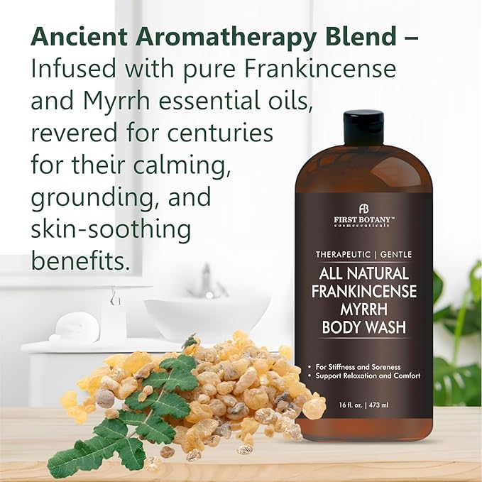 First Botany, ALL Natural Body Wash - Fights Body Odor, Athlete's Foot, Jock Itch, Nail Issues, Dandruff, Acne, Eczema, Shower Gel for Women & Men, Skin Cleanser -16 fl oz (Frankincense Myrrh)