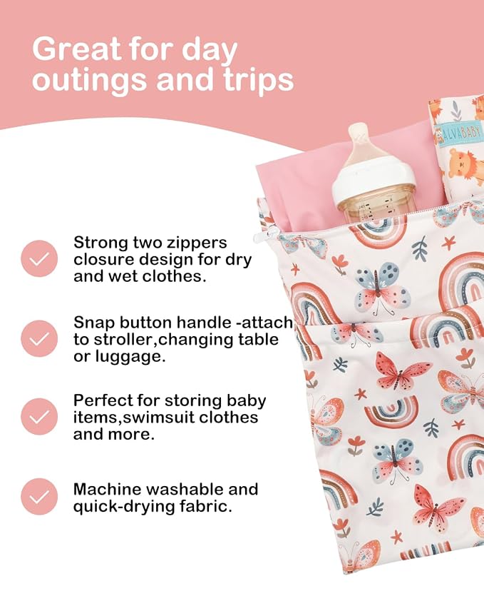 ALVA ALVABABY 2 pcs Cloth Diaper Wet Dry Bags Waterproof Reusable with Two Zippered Pockets Travel Beach Pool Daycare Soiled Baby Items Yoga Gym Bag for Swimsuits or Wet Clothes 2LM26