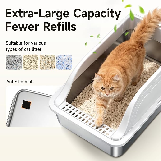 High-Sided Stainless Steel XL Cat Litter Box for Cats | Open Top, Front Entry, Non-Stick & Leak-Proof, Odor Free, Scoop Included, Anti-Urine Leakage