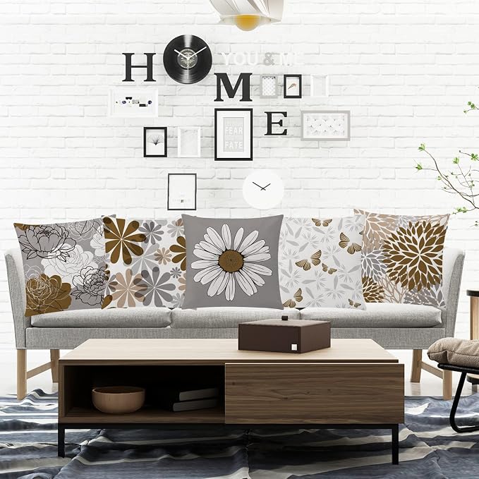 COMMINY Brown Grey Pillow Covers 18x18 Set of 6 Decorative Daisy Flower Throw Pillow Cover for Couch Modern Coffee Pillow Case for Patio Living Room Cushion Bed Farmhouse Home Decor | brown daisy Floral, decorative cushion cover, Breathable Linen, stan...
