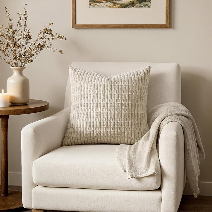 MIULEE Corduroy Decorative Throw Pillow Covers 16x16 Cream White Pack of 2 | Soft Boho Striped Pillow Covers Modern Farmhouse Home Decor For Sofa Living Room Couch Bed