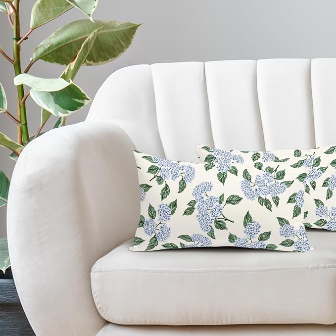Square Blue Hydrangea Flower Pillow Covers 12x20 Inch Set of 2 Spring Blue Floral Cornflower Throw Pillow Cases Outdoor Linen Square Cushion Cover Farmhouse Decor for Bedroom Home Sofa Couch Bed