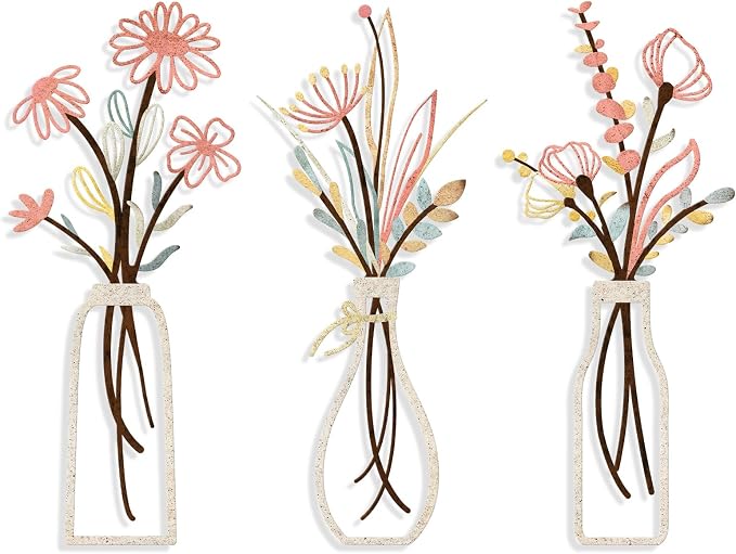 Pigort 3 Pieces Metal Flowers Wall Arts - Rustic Farmhouse Style Décor Metal Wall Art Black Minimalist Flower Natural Themed Wall Decors for Home Bedroom Dining Room Housewarming (Pink Beige)