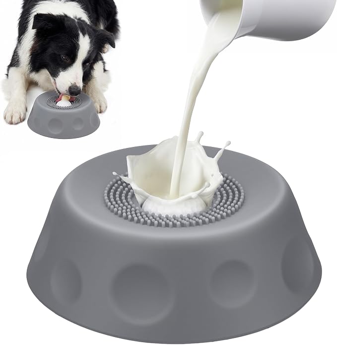Slow Feeder Dog Bowls for Liquid Treat, Dog Lick Bowl for Anxiety Relief & Fast Eaters, Anti-Slip Ball-in Bone Broth, 5/6 Cup Pup Lick Toy for Peanut Butter Large Medium Small Pet Cats Gray