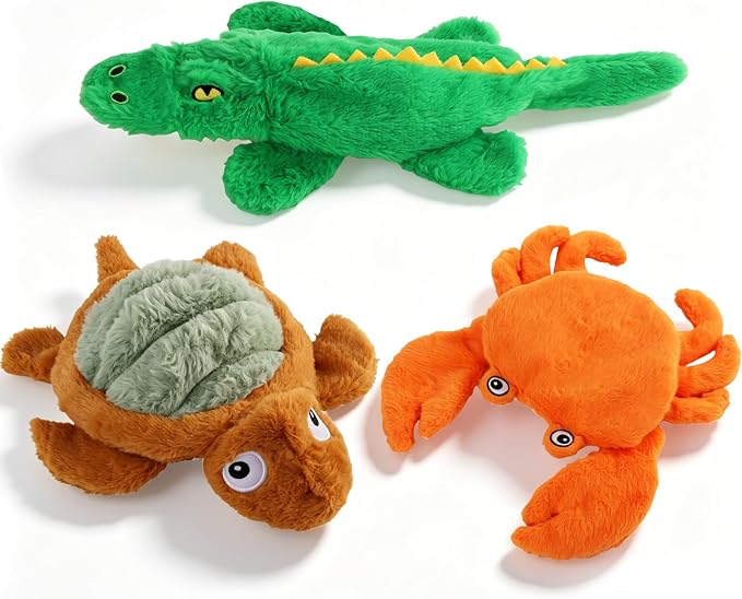 No Stuffing Dog Toys for Puppies, Small & Medium Dogs, 3 Pack Squeaky Crinkle Plush Toys for Teething & Anxiety Relief, Lightweight Interactive Animal Set to Keep Them Busy