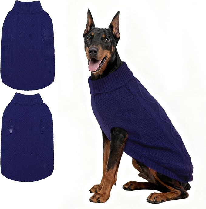 Mihachi Turtleneck Dog Sweater - Winter Coat Apparel Classic Cable Knit Clothes with Leash Hole for Cold Weather, Ideal Gift for Pet in New Year Navy Blue 3XL