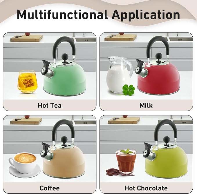 Lily's Home 2 Quart Stainless Steel Whistling Tea Kettle, the Perfect Stovetop Tea and Water Boilers for Your Home, Dorm, Condo or Apartment. (Pastel Red)