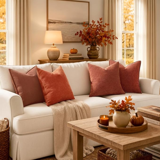 MIULEE Pack of 2 Fall Burnt Orange Decorative Chenille Pillow Covers 16x16 | Soft Couch Throw Pillows,Farmhouse Cushion Covers with Elegant Design for Sofa,Bedroom,Living Room,Spring Home Decor