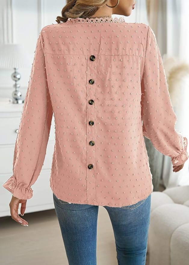 Womens Boho Tops Long Sleeve Shirts For Women Cute Crewneck Blouse Dressy Casual Swiss Dot Crochet Hollow Top 2026