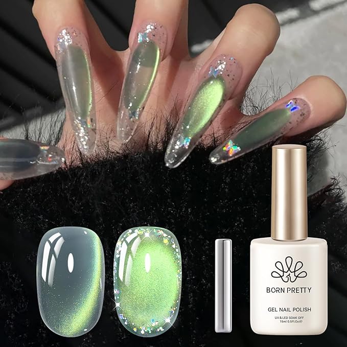 Born Pretty Cat Magnetic Gel Nail Polish, Green Gel Polish Crystal Cat Holographic Magnetic Nail Polish Nail Art Manicure Salon DIY at Home 15ML