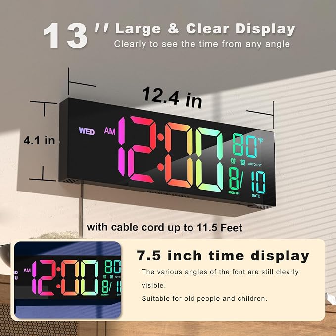 JALL 13" Large Digital Wall Mount Clock, Count Down Timer, Alarm, Big LED, DST, Temperature for Living Room Classroom Desk, Xmas, Birthday Gift for Senior Mom Dad, RGB