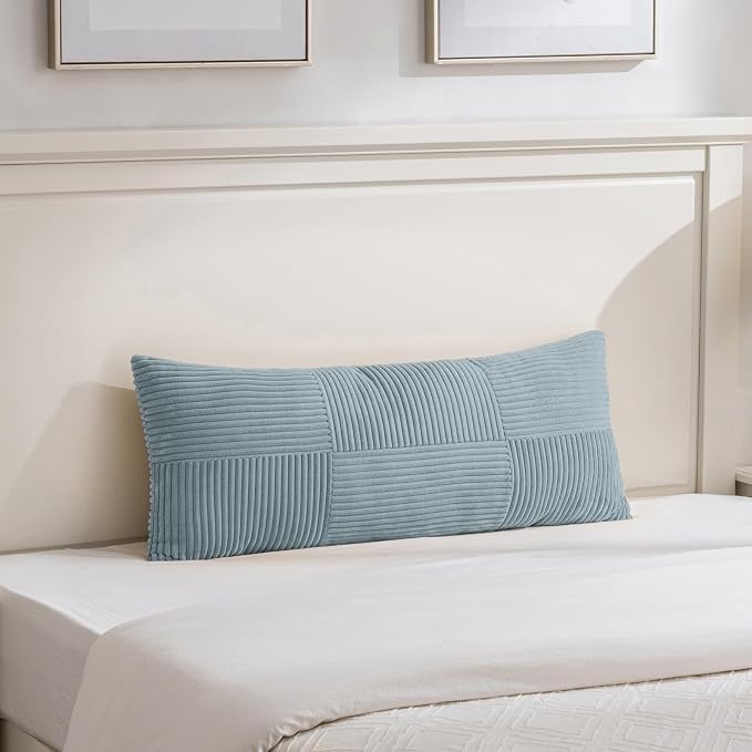 Fancy Homi Set of 1 Light Blue Boho Long Lumbar Body Decorative Throw Pillow Cover 21x54 Inch for Bed Couch Bedroom Bench, Soft Patchwork Corduroy Textured Pillow Case, Coastal Blue Room Decor