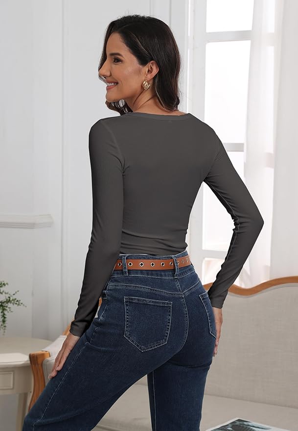 Roselux Womens Long Sleeve Scoop Neck Ribbed Knit Fitted Casual Tops Tee Slim Basic Shirts