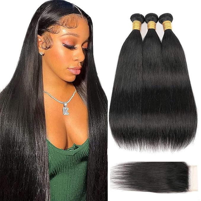 Straight Human Hair Bundles with Closure 20 22 24+18Inch Brazilian Human Hair Bundles with Closure 100% Unprocessed Virgin Straight Hair 3 Bundles with 4x4 Lace Closure Natural Black