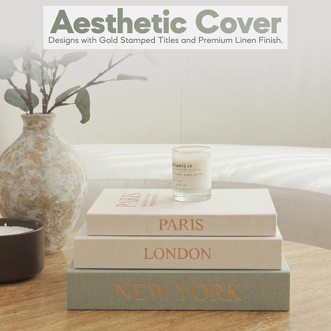 Faux Book Storage Box Set of 3—Green/Beige/Beige—Decorative Faux Books with Hidden Storage for Coffee Table Decor, Bookshelf or Mantle—Linen Decorative Boxes—Aesthetic Book Decor for Home