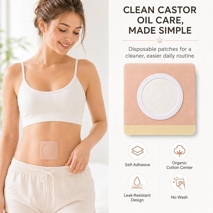 50Pcs Castor Oil Patches, Organic Cotton Castor Oil Pack Wrap Disposable Self-Adhesive Belly Button Patch Cover for Castor Oil, Mess-Free Anti Leakage No Wash Castor Oil Packs for Stomach