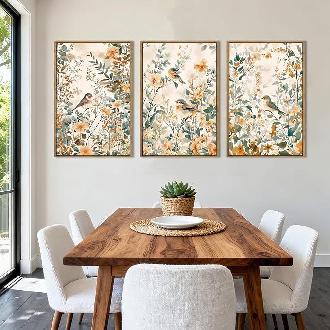 ANHUIB Large Vintage Floral Bird Framed Wall Art 16x24 Inch Beige Botanical Pictures Wall Decor Nature Wildflower Canvas Painting Set of 3 Retro Neutral Flower Artwork for Living Room Bedroom Barhroom