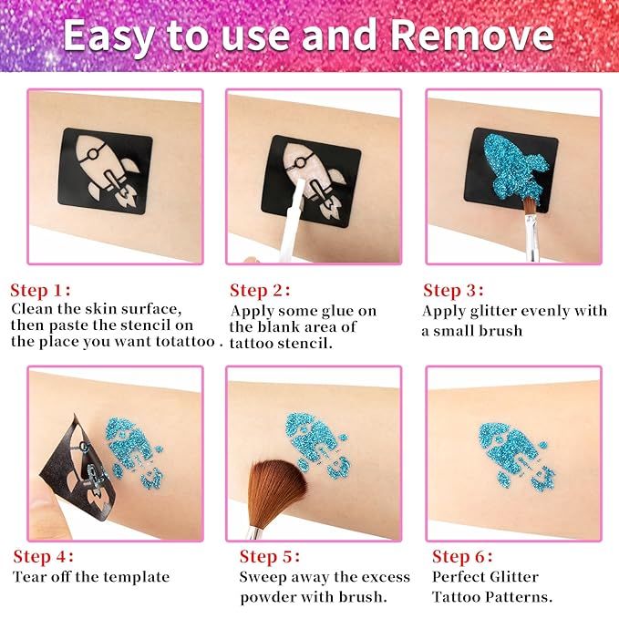 Temporary Glitter Tattoos Kids,32 Glitter Colors and 6 Fluorescent Colors,209 Stencils,2 diamond stickers,3 Glue,5 Brushes,Adults and Kids Arts Glitter Kit,Wonderful Holiday Gifts for Girls & Boys.