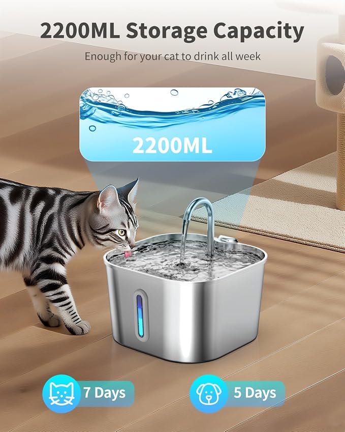 Lawfery Cat Water Fountain Stainless Steel, 74oz/2.2L Pet Fountain | Quiet Pump, Easy to Clean, Cat Drinking Fountain for Indoor Cats and Small Dogs