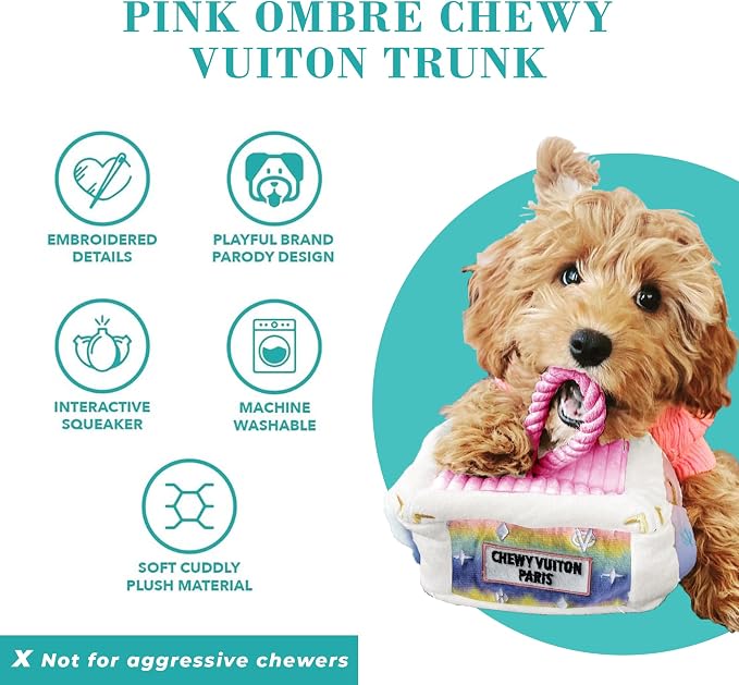 Haute Diggity Dog Chewy Vuiton Trunk Puzzle with 3 Plush Squeaky Dog Toys