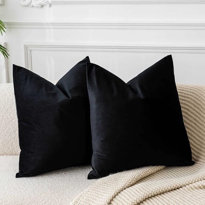 Black 26x26 Throw Pillow Covers Decorative Velvet Couch Covers Set of 2 | JUSPURBET Cozy Soft Pillowcases with Invisible Zipper for Modern Couch Sofa Bed Living Room Bedroom Home Decor Halloween