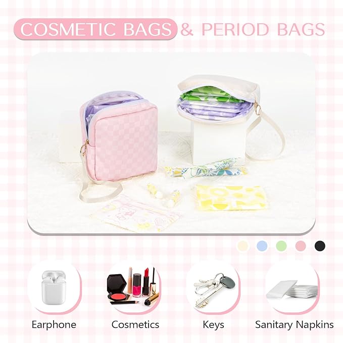 Likesing Tampon Holder for Purse, Upgraded 5.3" Checkered Period Bag, Sanitary Napkin Storage Bag with Wrist Strap for Girls Women, Thickened Portable Period Pad Pouch(Pink)