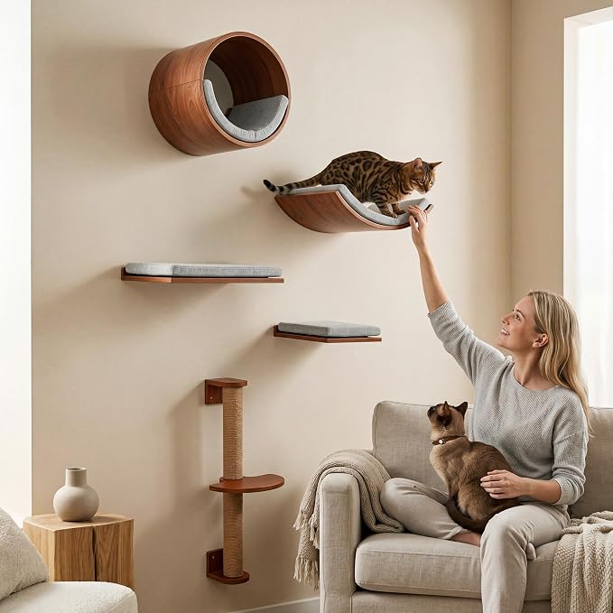 Tribesigns Solid Wood Cat Wall Shelves, 5 in 1 Cat Wall Furniture Set | Wood Cat Climbing Wall with Scratching Post, Bed, Stable and Safe, Wall Mounted Cat Tree, Space-Saving, Easy Assembly, Walnut