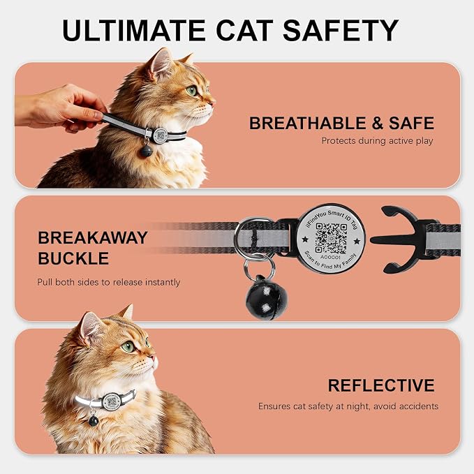 Breakaway Cat Collar QR Code, Reflective Bell, Adjustable Kitten, 3-Pack